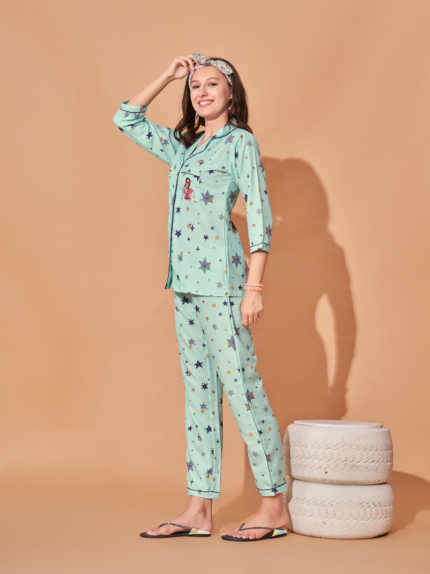 Star Girl Back Printed Green Stripes Pyjama Set| Womens pjs