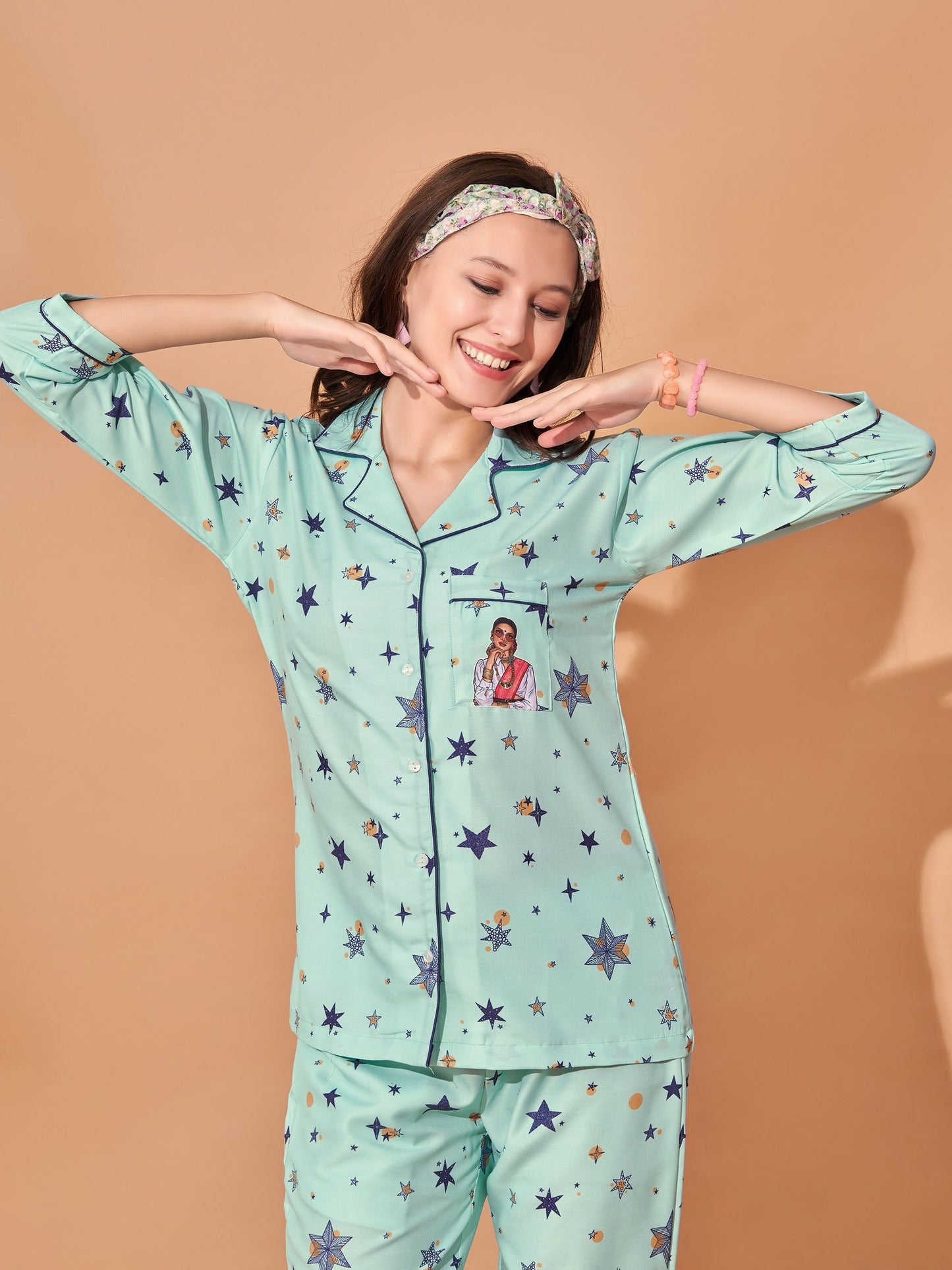 Star Girl Back Printed Green Stripes Pyjama Set| Womens pjs