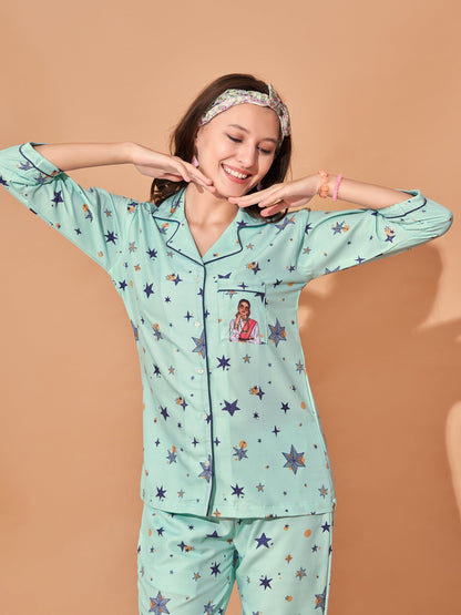 Star Girl Back Printed Green Stripes Pyjama Set| Womens pjs