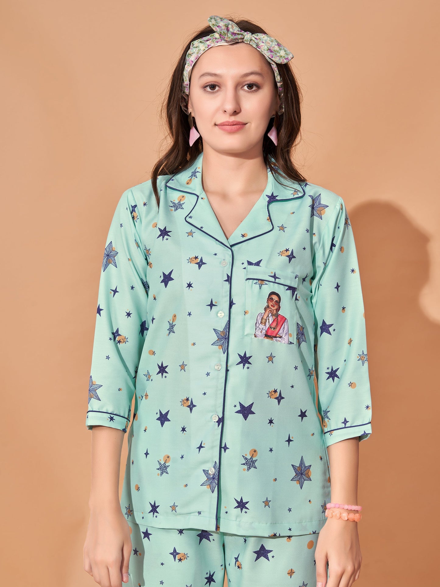 Star Girl Back Printed Green Stripes Pyjama Set| Womens pjs