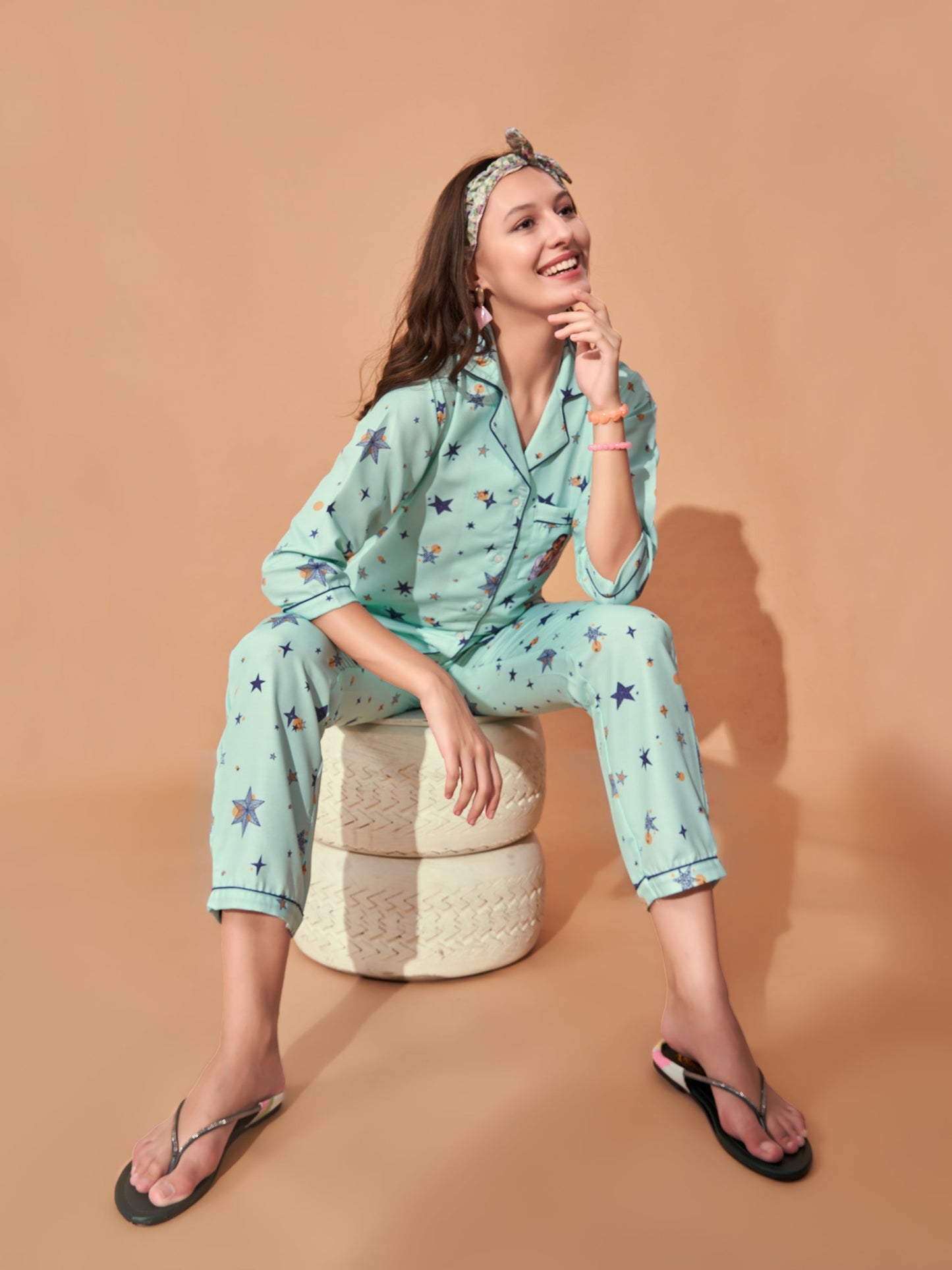 (BOGO) Star Girl Back Printed Green Stripes Pyjama Set With Free Scrunchies