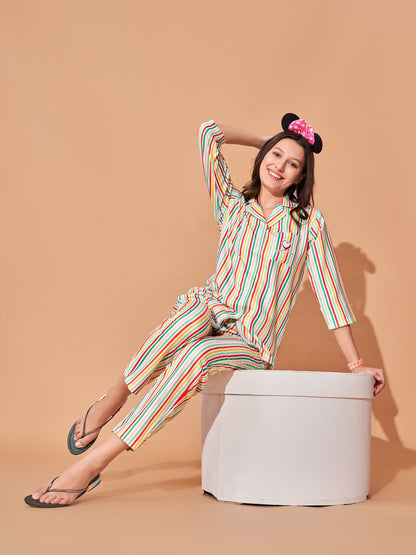 Tea Lover Back Printed Purple & Pink Stripes Pyjama Set| Womens pjs