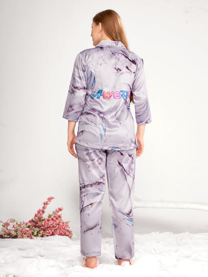 BOGO Awesome Back Printed Lavendor Satin Pyjama Set With Free Scrunchies