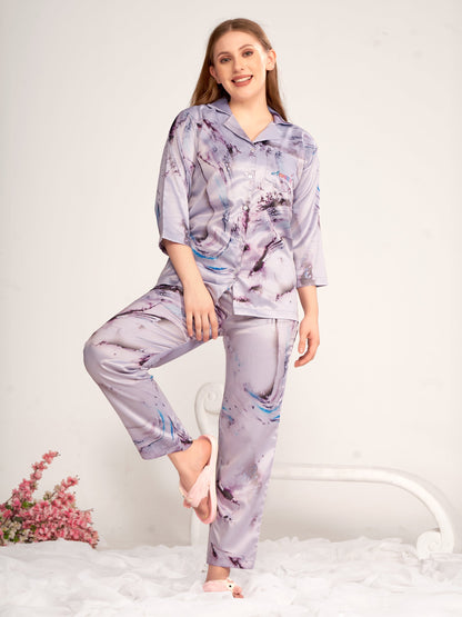 BOGO Awesome Back Printed Lavendor Satin Pyjama Set With Free Scrunchies