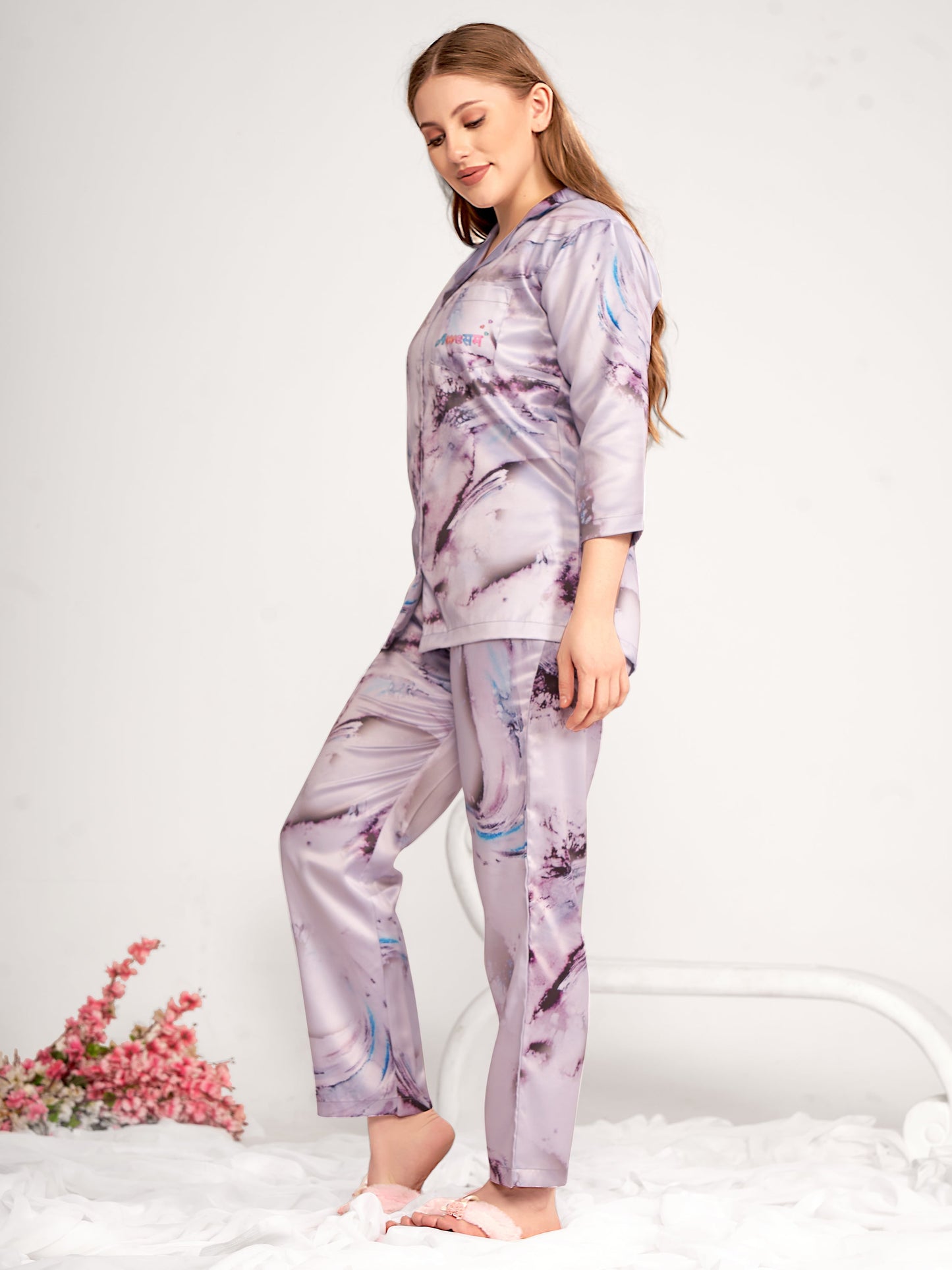 BOGO Awesome Back Printed Lavendor Satin Pyjama Set With Free Scrunchies