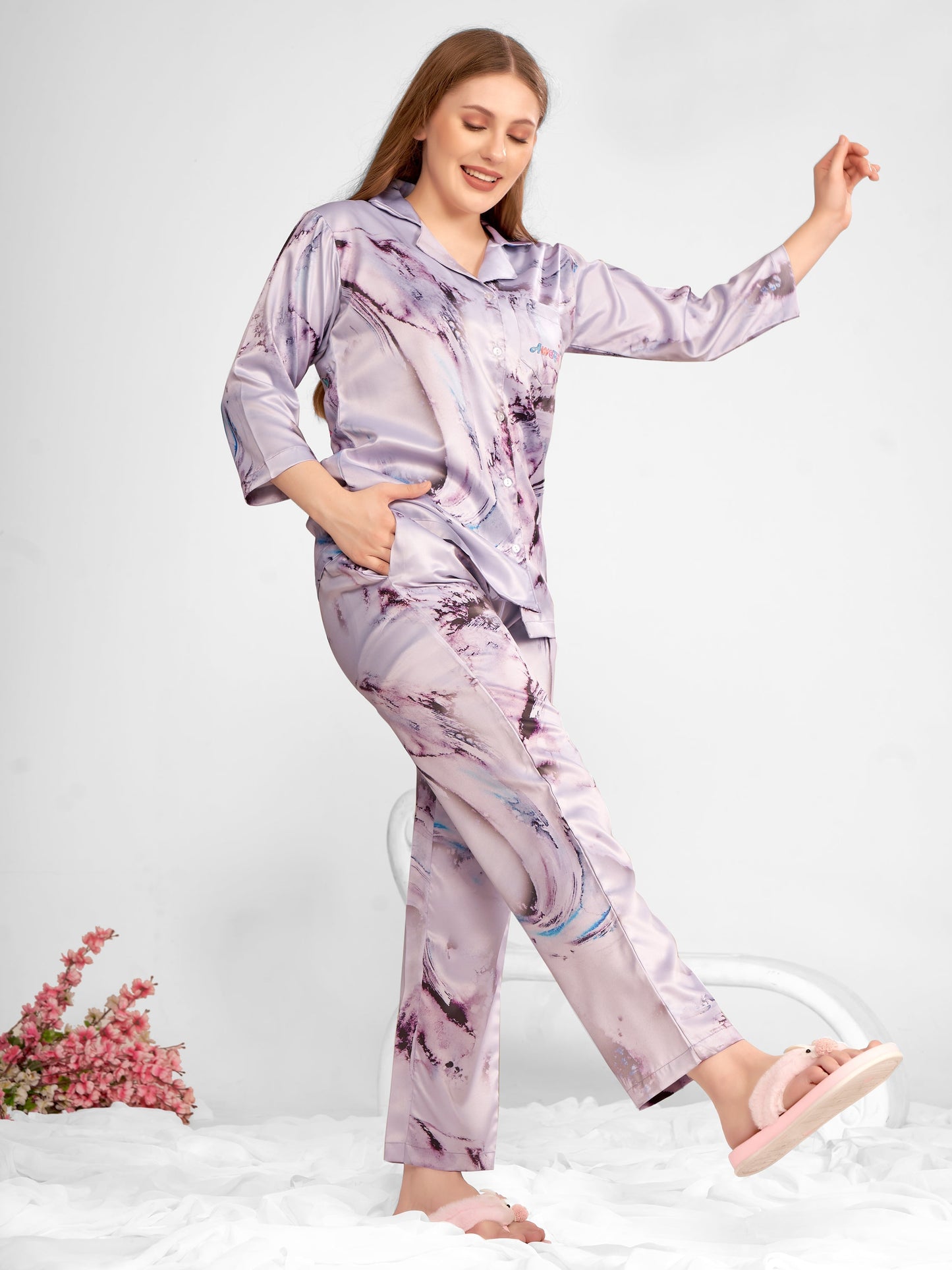 BOGO Awesome Back Printed Lavendor Satin Pyjama Set With Free Scrunchies