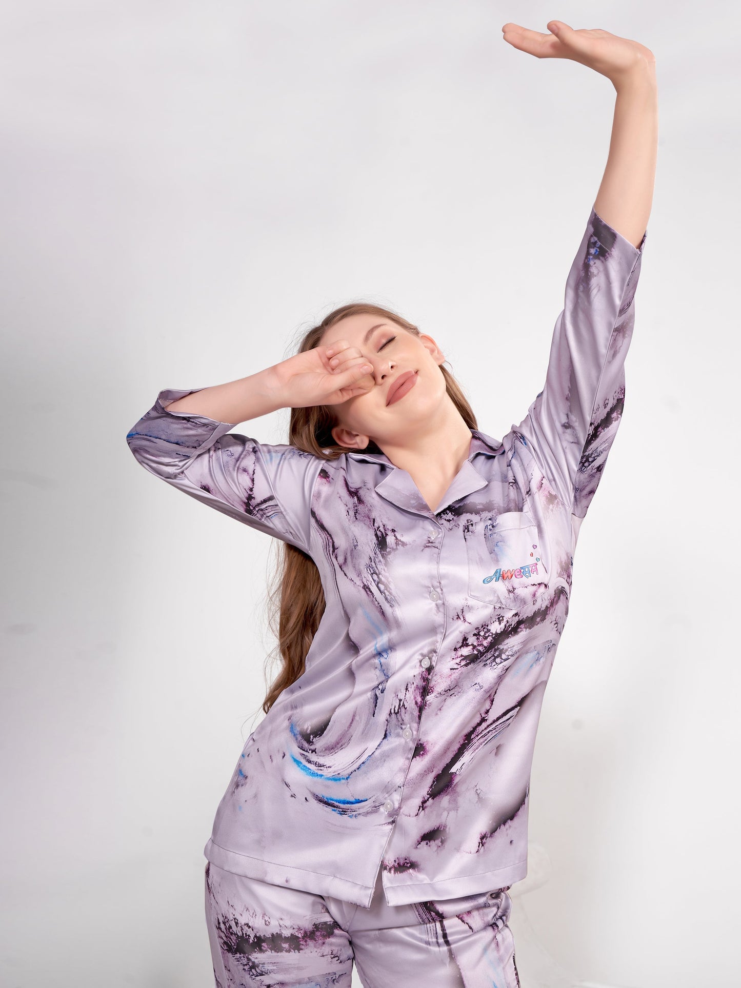 BOGO Awesome Back Printed Lavendor Satin Pyjama Set With Free Scrunchies