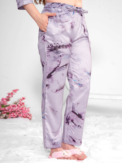 BOGO Awesome Back Printed Lavendor Satin Pyjama Set With Free Scrunchies