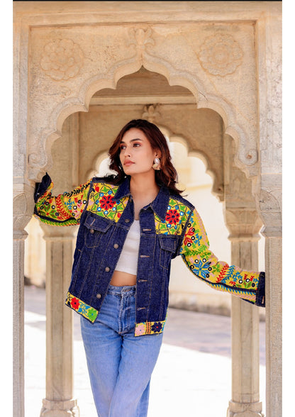 Cultural Wave Denim Jacket with Intricate Handmade Work