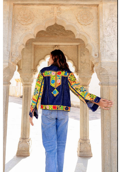 Cultural Wave Denim Jacket with Intricate Handmade Work