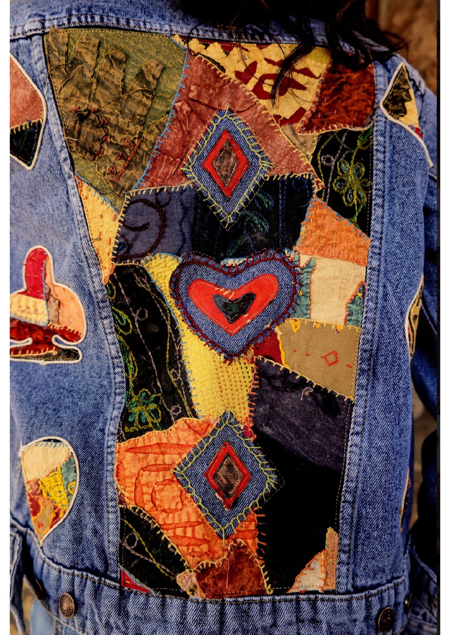 Cultural Wave Denim Jacket with Intricate Handmade Work