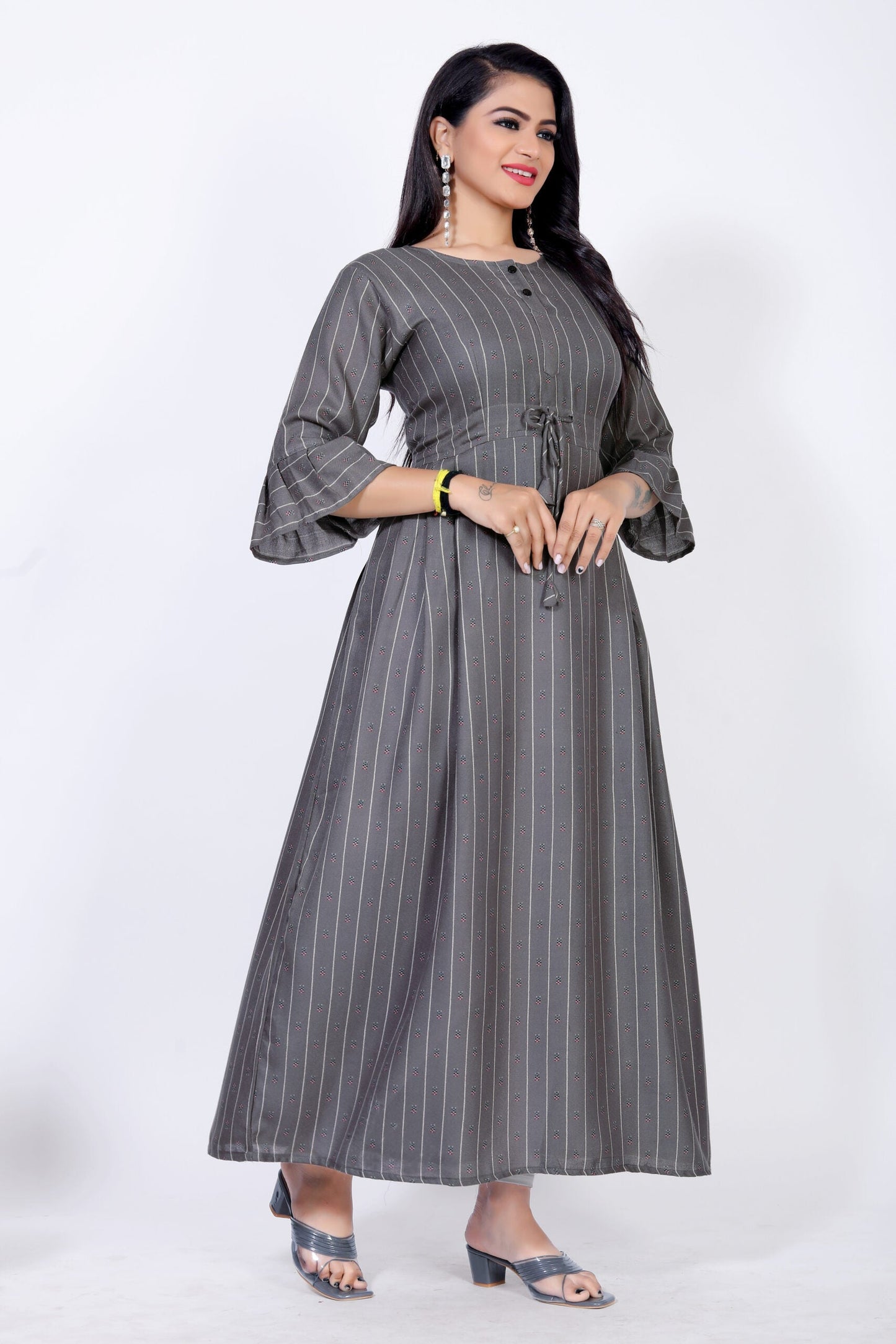 CLOZENA ALPINE WOMEN LINING PRINTED GREY MAXI NIGHT GOWN