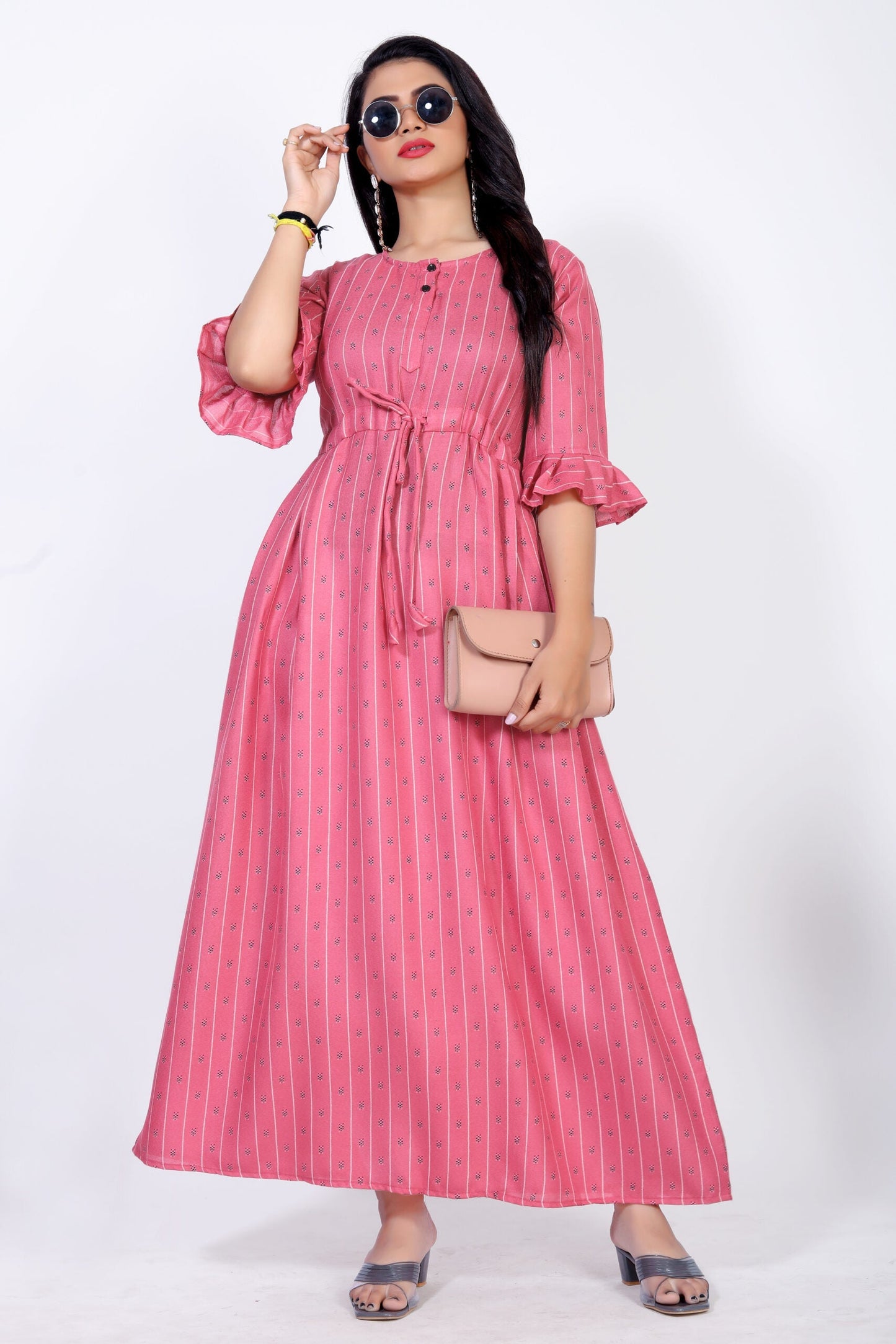 CLOZENA ALPINE WOMEN LINING PRINTED PINK MAXI NIGHT GOWN