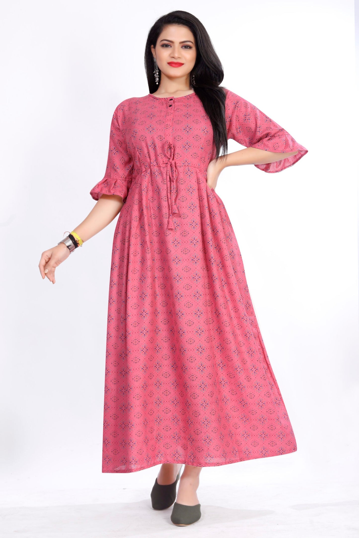 CLOZENA ALPINE WOMEN CHECKS PRINTED PINK MAXI NIGHT GOWN