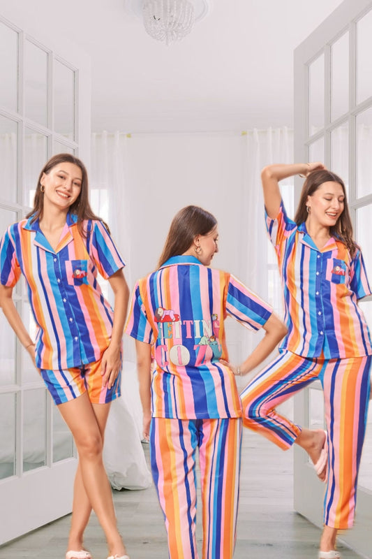 COMBO (3 Piece) Getting Cozzy Back Printed colored Stripes Pyjama Set| Womens pjs (Short & Full Bottom)