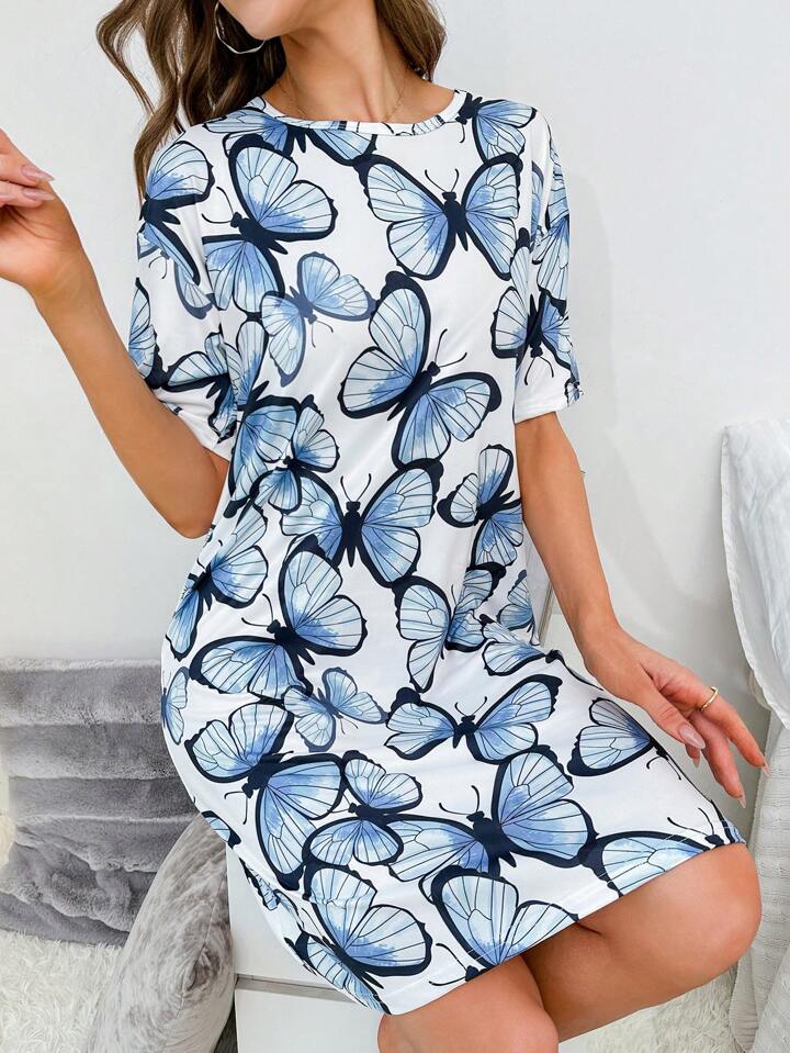 Butterfly Print Drop Shoulder Nightdress |