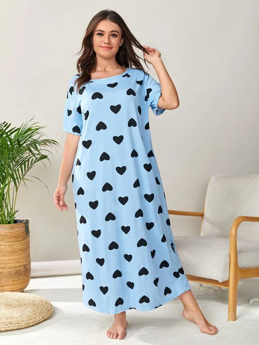 Plus Size Women's Cozy Blue Heart Print Sleep Dress