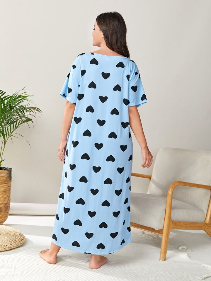 Plus Size Women's Cozy Blue Heart Print Sleep Dress