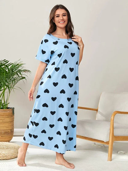 Plus Size Women's Cozy Blue Heart Print Sleep Dress