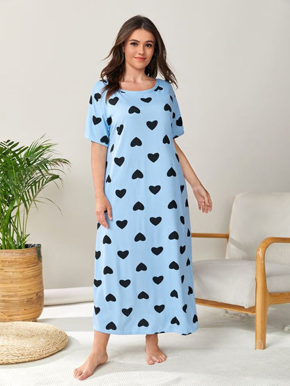 Plus Size Women's Cozy Blue Heart Print Sleep Dress