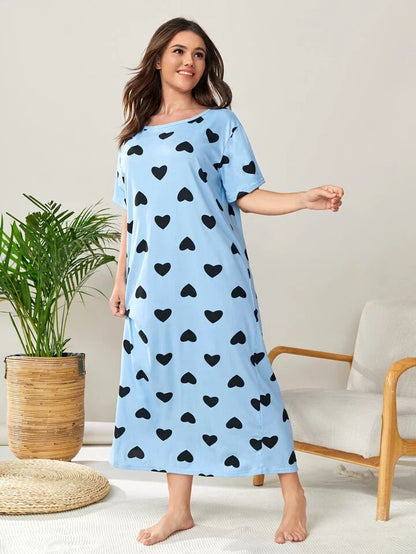 Plus Size Women's Cozy Blue Heart Print Sleep Dress