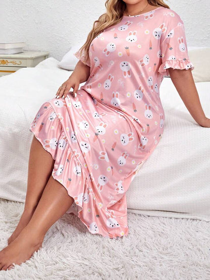 Women's Cute Bunny & Carrot Print Sleepwear Dress, Short Sleeve Round Neck Ruffle Hem Dress, Comfortable Nightgown