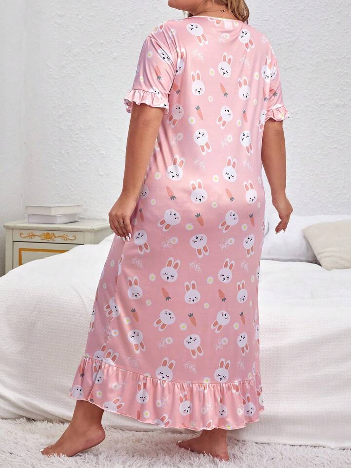 Women's Cute Bunny & Carrot Print Sleepwear Dress, Short Sleeve Round Neck Ruffle Hem Dress, Comfortable Nightgown