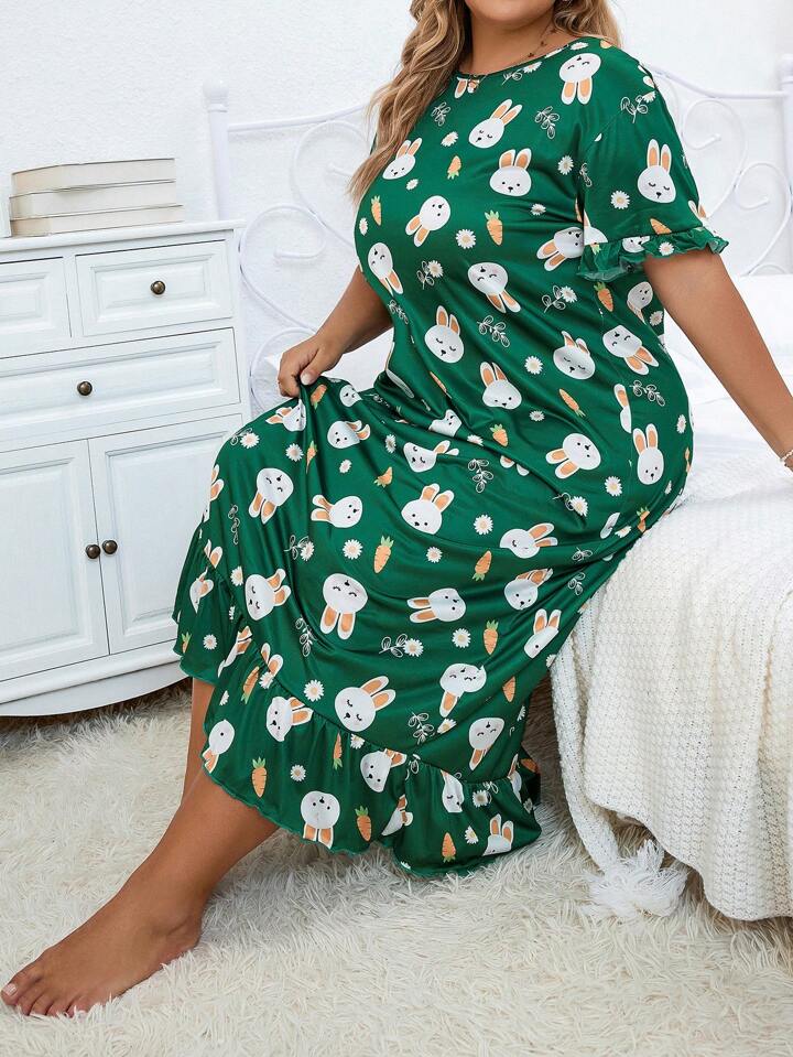 Plus Size Floral Green Rabbit Print Short Sleeve Crew Neck Ruffle Hem Sleep Dress