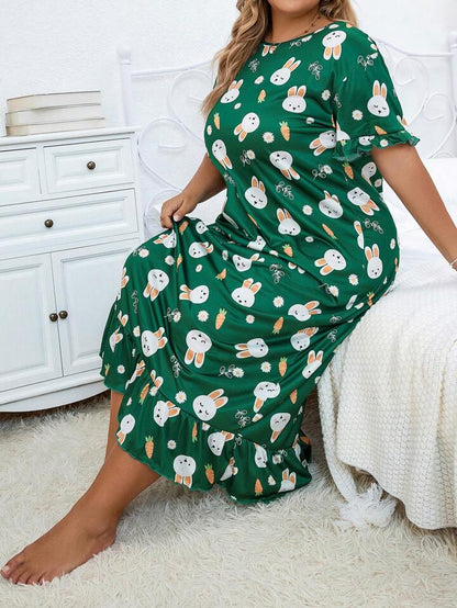 Plus Size Floral Green Rabbit Print Short Sleeve Crew Neck Ruffle Hem Sleep Dress