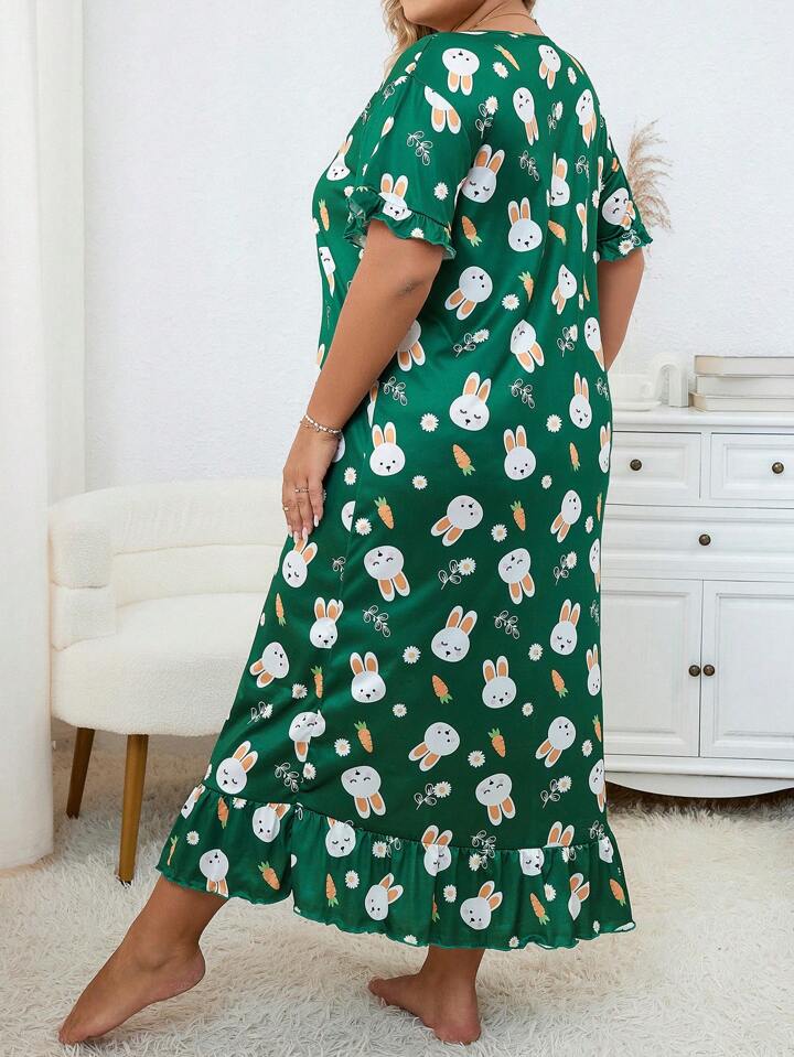 Plus Size Floral Green Rabbit Print Short Sleeve Crew Neck Ruffle Hem Sleep Dress