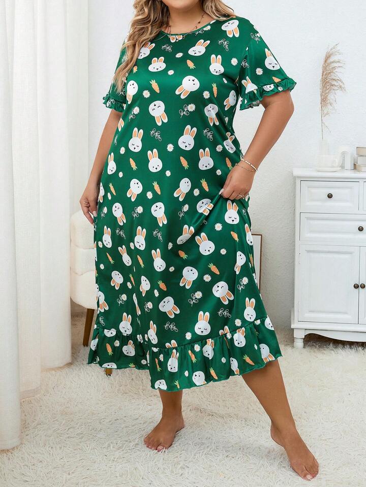 Plus Size Floral Green Rabbit Print Short Sleeve Crew Neck Ruffle Hem Sleep Dress