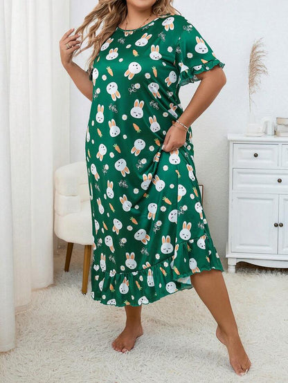 Plus Size Floral Green Rabbit Print Short Sleeve Crew Neck Ruffle Hem Sleep Dress