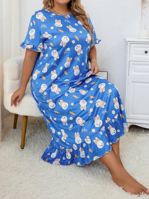 Plus Size Floral Blue Rabbit Print Short Sleeve Crew Neck Ruffle Hem Sleep Dress