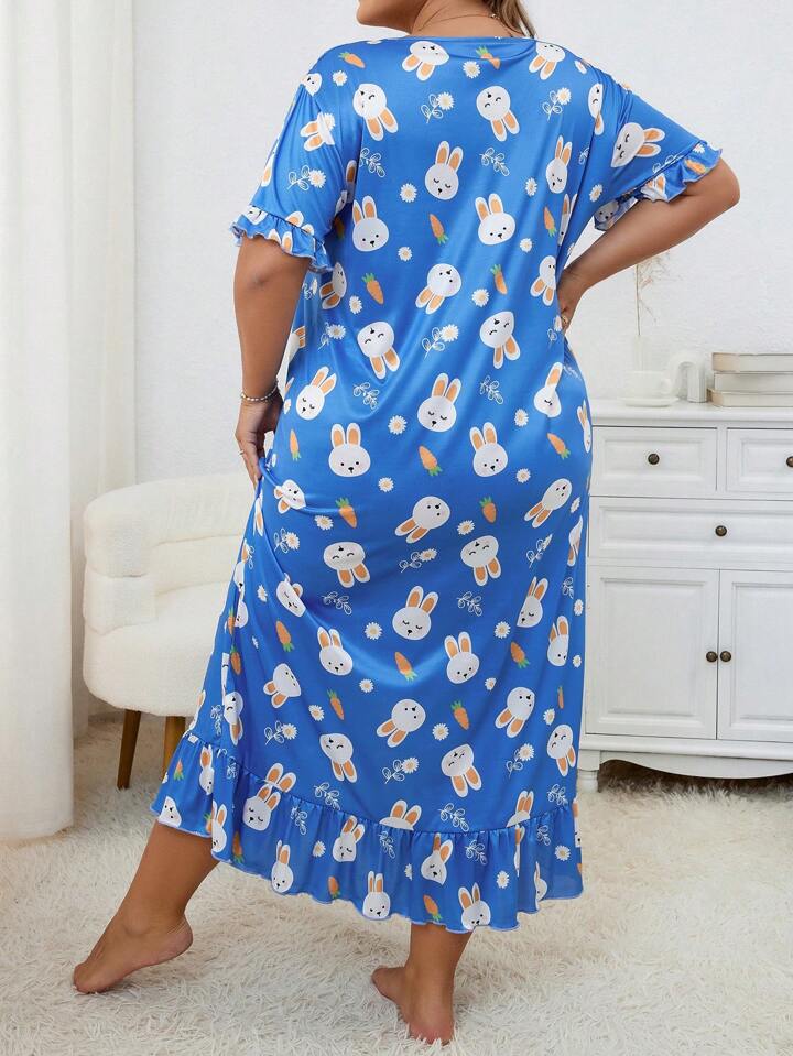 Plus Size Floral Blue Rabbit Print Short Sleeve Crew Neck Ruffle Hem Sleep Dress