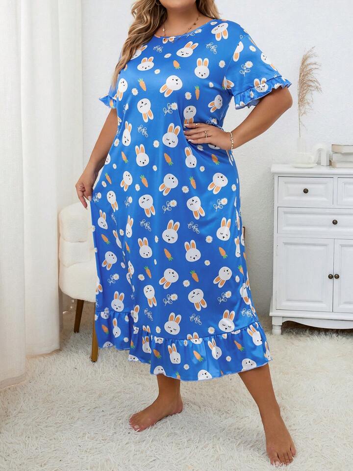 Plus Size Floral Blue Rabbit Print Short Sleeve Crew Neck Ruffle Hem Sleep Dress