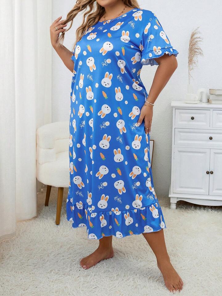 Plus Size Floral Blue Rabbit Print Short Sleeve Crew Neck Ruffle Hem Sleep Dress