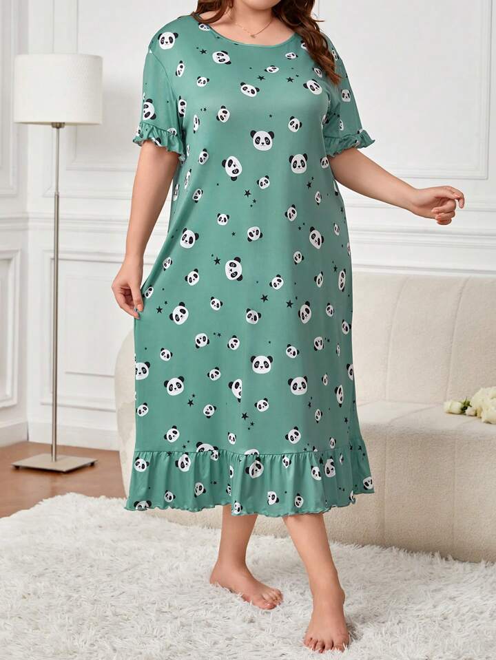 Plus Cartoon Panda and Star Print Ruffle Hem Nightdress