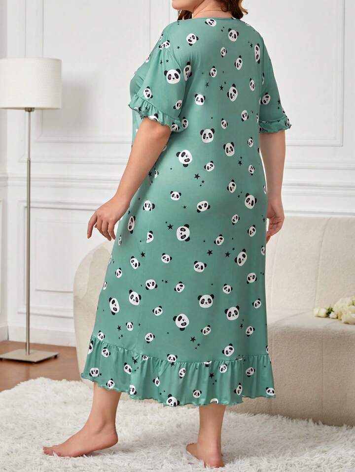 Plus Cartoon Panda and Star Print Ruffle Hem Nightdress