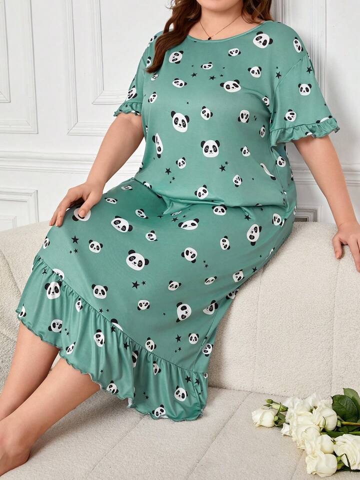 Plus Cartoon Panda and Star Print Ruffle Hem Nightdress