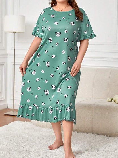 Plus Cartoon Panda and Star Print Ruffle Hem Nightdress