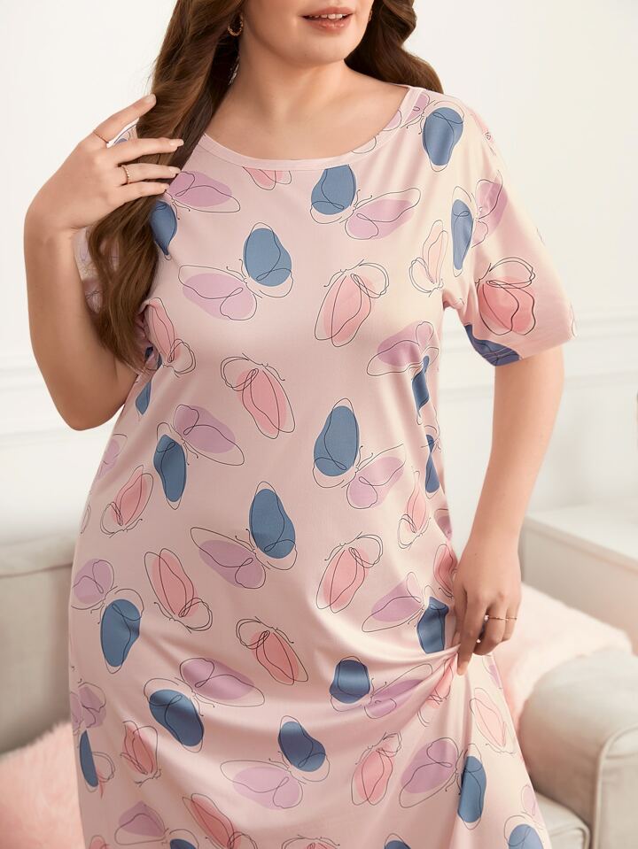 Plus Size Elegant Butterfly Print Nighty For Women