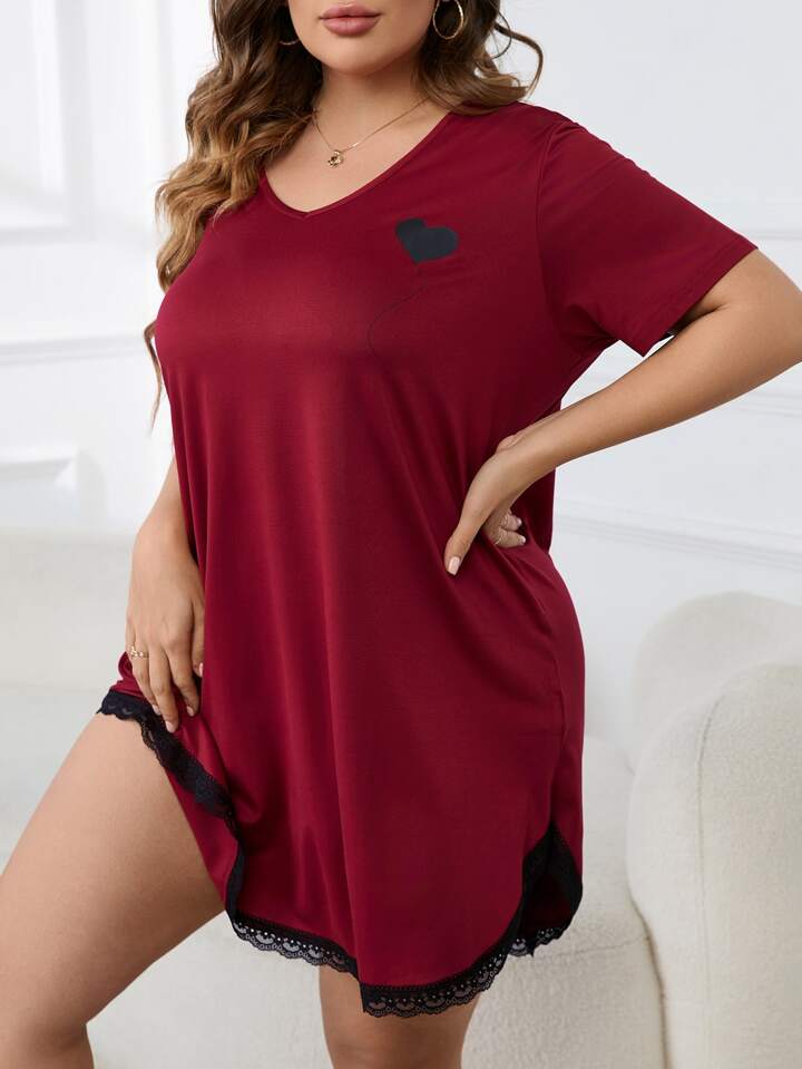 Maroon Black Heart Solid Cozy Nighty for Women