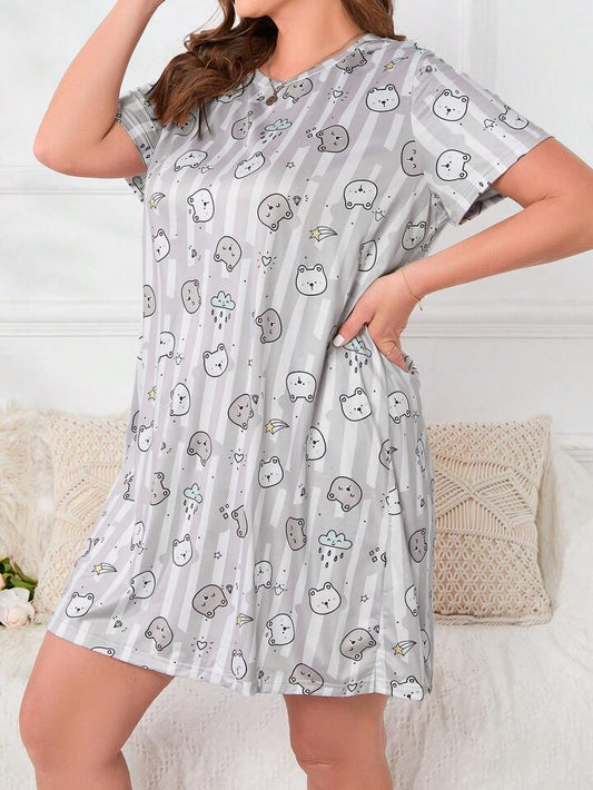 Plus Size Cat Print Pattern Sleepwear Dress