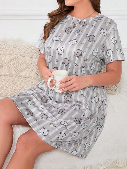 Plus Size Cat Print Pattern Sleepwear Dress