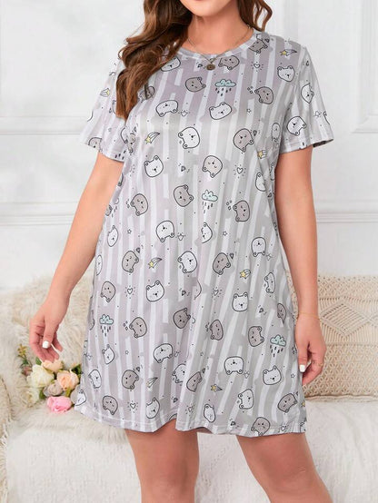 Plus Size Cat Print Pattern Sleepwear Dress