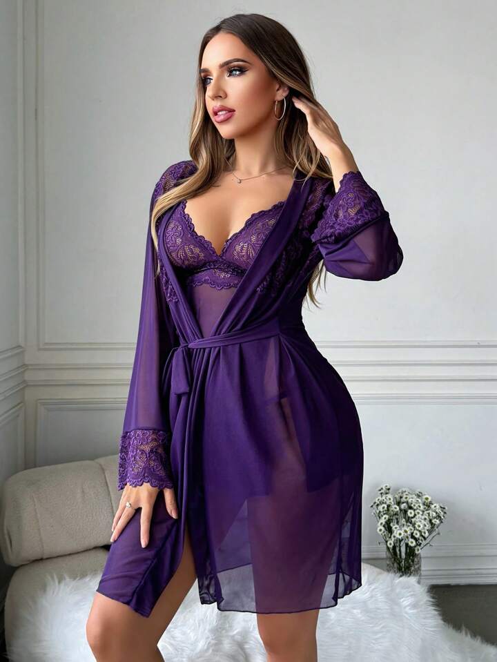 Lingies Women Purple Solid Net Baby Doll