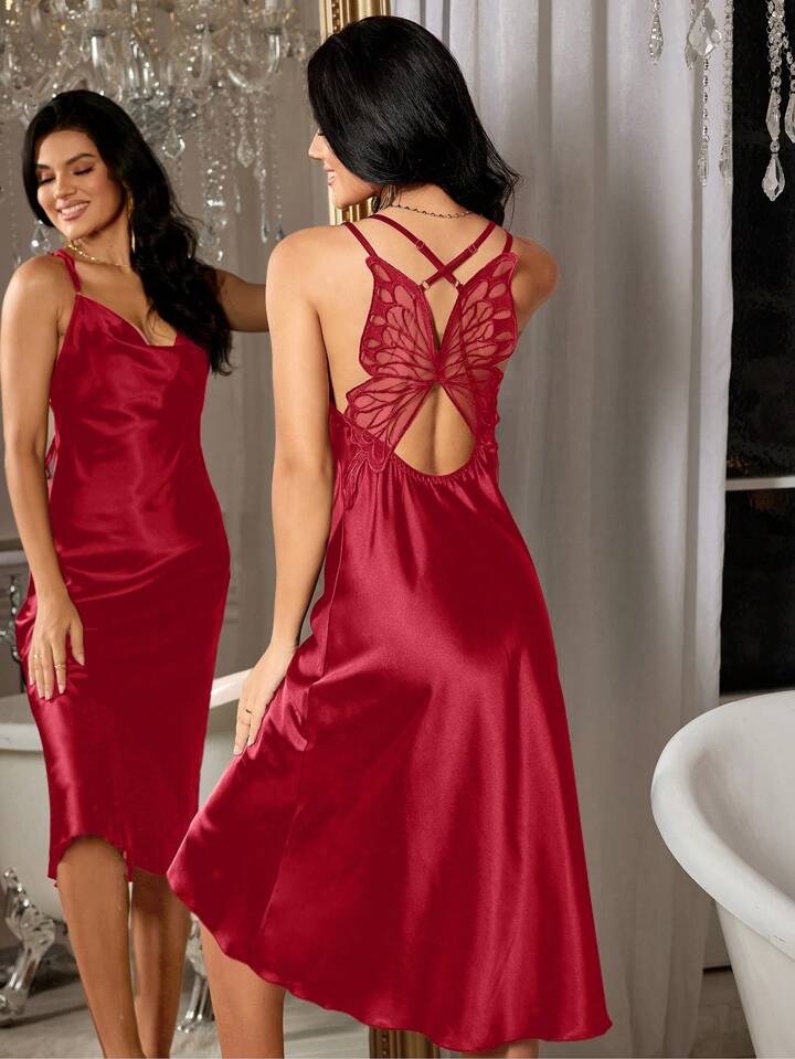 Lacy Souls Presents Cute Women Luxury Satin Backless Loungewear Dress