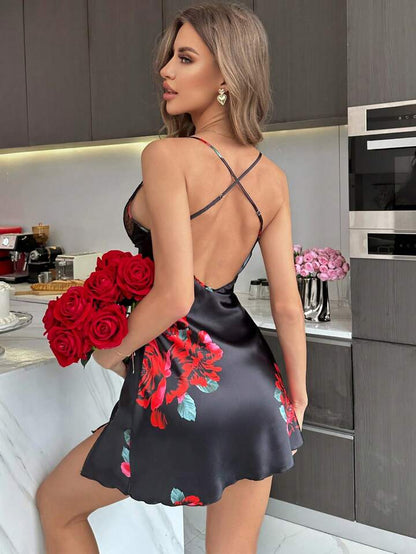 Sexy Women V-Neck Lingerie Floral Lace Babydoll Mesh Chemise Halter