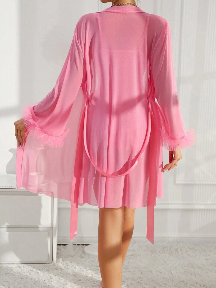 Women's Sexy Lacy Baby Doll Nightie With Ruffled Flared Sleeves Robe Pink