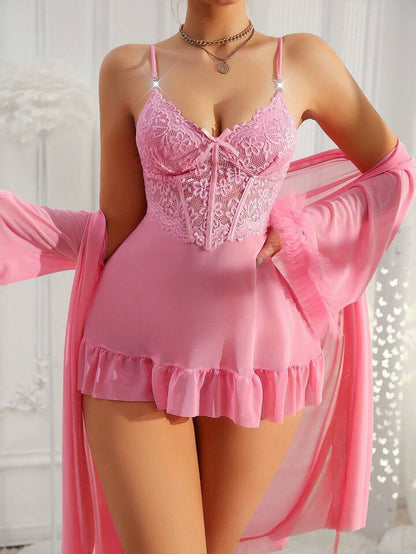 Women's Sexy Lacy Baby Doll Nightie With Ruffled Flared Sleeves Robe Pink